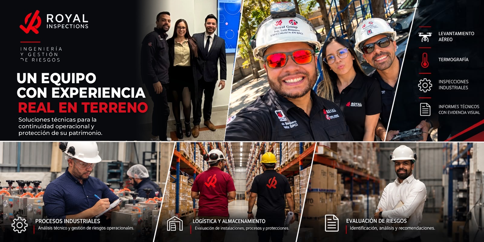 Royal Inspections: un equipo con experiencia real en terreno. Soluciones t?cnicas para la continuidad operacional y protecci?n del patrimonio; levantamiento a?reo, termograf?a, inspecciones industriales e informes t?cnicos con evidencia visual.